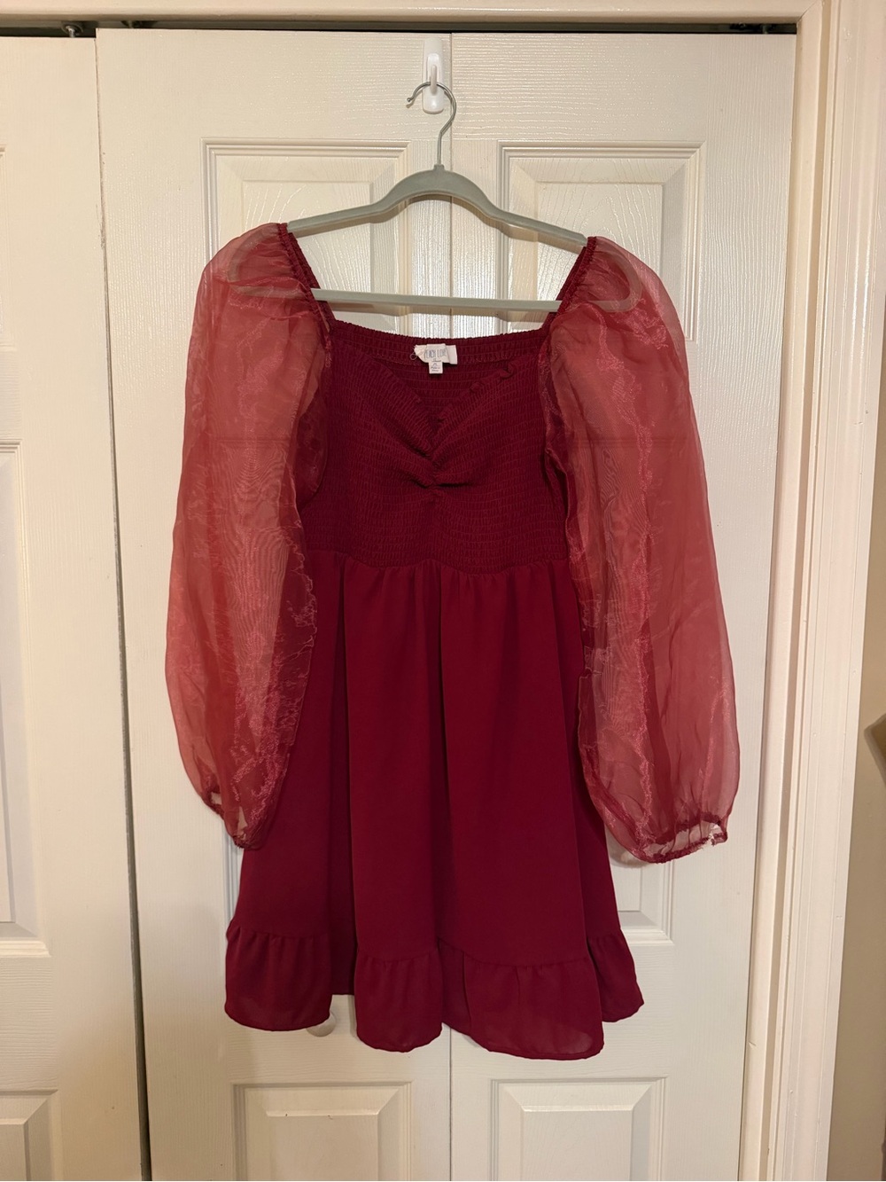 Peach Love California Burgundy Puff-Sleeve Smocked Dress